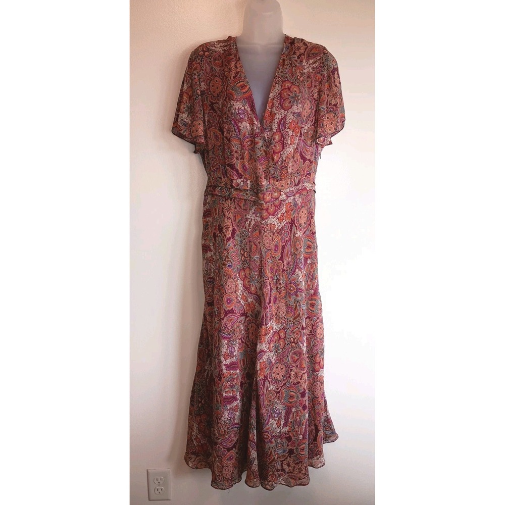 Coldwater Creek Size 18 Silk Paisley Maxi Dress Boho Floral Tie Waist